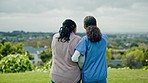 Elderly care, old woman with helping hand and caregiver in garden in support, help or trust from back. Retirement, healthcare and senior person with nurse walking in backyard together in conversation