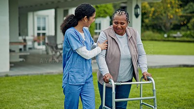 Senior care, old woman with walker and caregiver in garden with support ...