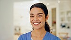 Nursing home, face and happy caregiver, woman or volunteer smile for healthcare support, medical service or wellness. Portrait, happiness and confident nurse pride, care and homecare job experience