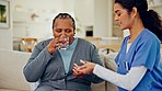 Medicine, old woman and caregiver on sofa with water, help and homecare in living room. Retirement healthcare, elderly person and nurse with pills, senior care and medical advice on couch together.