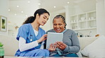 Tablet, mature patient woman and caregiver talking, conversation and consulting on rehabilitation info, medical exam or healthcare. Online results data, consultation and nurse chat in nursing home