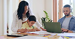 Family, mother or son for help with homework, learning and child development in living room of home. Kid, mom and color pencils for writing, education and knowledge with teaching and drawing at table