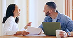 Happy couple, planning and documents for home budget, financial paperwork and taxes or funny conversation on laptop. Interracial man and woman with bills, insurance and savings or talk of investment