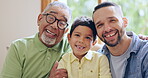 Family, grandfather, dad or face of child with love, support or care at home with smile on fathers day. Happiness, generations or portrait of senior grandpa with boy, kid or dad  in house living room
