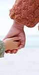 Mother, child and zoom on holding hands in nature for travel, bond and care, trust and fun together. Family, support and mom with kid outdoor for security, guidance and adventure, journey to vacation