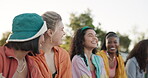 Friends, group and joke outdoor with laughing for story or gossip in summer for bonding or happiness. People, girls or sitting on a park with relaxing, diversity and laugh for quality time or care