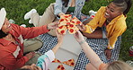 Above, pizza toast and friends in nature for celebration, weekend or eating lunch together. Relax, park and hands of people with a food cheers, hungry and enjoying a meal on a picnic in summer