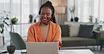 Black woman, headset with laptop and phone call, virtual assistant or crm in home office. Remote work girl at desk with computer, typing and conversation for advice, online chat and help in apartment