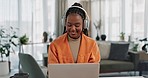 Laptop, dancing and young woman in the living room listening to music, album or radio of apartment. Technology, smile and young African female person streaming a song on a computer in lounge at home.