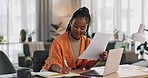 Black woman in home office, documents and laptop for research in remote work, ideas and thinking. Happy girl at desk with computer, writing notes and online search in house for freelance networking.