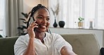 Funny, phone call and black woman on sofa, conversation or communication at home. Smartphone, talking and African person laughing, listening to story and comedy, chat or news and happy in living room