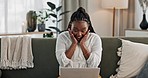 Black woman on sofa, surprise and celebration with laptop for remote work, social media or excited announcement. Happy girl on couch with computer for winning email, achievement and success in home.