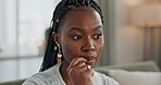 Stress, anxiety and woman biting nails in home with fear, worry and mental health risk. Face of african girl in living room with crisis of trauma, nervous habit and overthinking with doubt of mistake