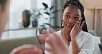 Psychology, mental health and support with a black woman therapist talking to a patient in her office. Consulting, empathy and trauma with a young psychologist listening to a client in grief therapy