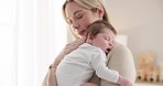 Sleeping, love and mother carry baby for bonding, relationship and child development together at home. Family, motherhood and happy mom with newborn for care, dreaming and affection in nursery room