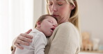 Love, mother and baby in nursery for sleeping, bonding and touch or cuddle with support or care. Woman, mom or holding newborn in bedroom with bond and relax for child development and nurture in home