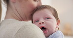 Baby, yawn and calm with tired newborn and mom in a bedroom at morning with care. Rest, relax and young kid with fatigue and mother support in a family home with motherhood in house with bonding