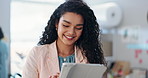Office, smile and woman with a tablet, business and internet with connection, typing and digital app. Person, employee and consultant with technology, website information and entrepreneur with email
