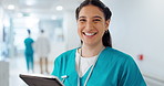 Doctor, happy woman and tablet for hospital services, healthcare research or clinic results, data or software. Face of young nurse with digital technology for medical online services or telehealth