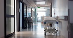 Hospital, empty hallway and healthcare or medicare at clinic, medical and care in corridor. Medicine, wellness and treatment for illness, support and trust in emergency, lobby and service for injury 