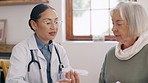 Office, doctor and old woman with medication, conversation and consultation for treatment. Elderly person, medical professional and pensioner with tablets, medicine and discussion for results or cure