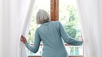 Open curtains, back and window with senior woman, morning, open and wake up with sunrise, home and fresh air. Pensioner, apartment or elderly lady in living room, sunlight and start a new day or view