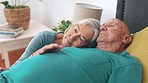 Senior couple, bed and hug with love, care and sleeping with bonding, tired and thinking in house for retirement. Elderly woman, old man and embrace with kindness, memory and fatigue in home bedroom