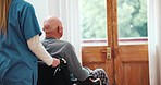 Elderly, patient and caregiver for push of wheelchair in bedroom for assistance in mobility. Senior man, nurse and back view for help after surgery, recovery or rehabilitation for wellness in home