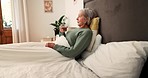 Senior, woman and drinking water for hydration in home after wake up, sleep and bed for health. Grandmother, person and thinking with cold beverage in glass for fatigue, care or diet in retirement