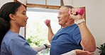 Communication, help and physiotherapist old man doing dumbbell arm exercise, training assessment or rehabilitation. Physical therapy, wellness services and healthcare worker consulting senior patient