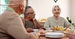 Food, tea party and elderly friends chatting in a retirement home together for bonding in the morning. Smile, drink and a group of happy seniors in the living room of an apartment for conversation