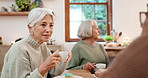 Relax, friends and senior people with conversation, home and discussion with care, tea time and bonding. Retired, pensioner or group on break, aged and chatting with nostalgia, happy or retirement