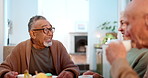 Tea party, friends and conversation with old people laughing in a retirement home together for bonding in the morning. Smile, funny and group of happy seniors chatting in an apartment living room