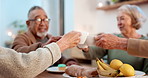 Tea party, hands and toast with senior friends in a retirement home together for bonding in the morning. Cheers, drink and a group of happy elderly people in an apartment living room for celebration