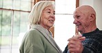 Happy senior couple, dancing and home with love, talking and bonding with care, moving or thinking with memory. Elderly dancer woman, old man and smile for holding hands, retirement or steps in house