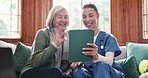 Caregiver, tablet and video call with woman in nursing home, smile and wave hello for communication on web. Nurse, elderly patient and digital touchscreen for contact, webinar or happy on lounge sofa