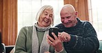 Relax, home and senior couple with smartphone, retirement and conversation with connection, social media or typing. Apartment, old man or elderly woman with a cellphone, mobile user or funny with sms