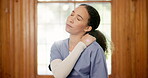 Nurse, woman and shoulder pain, sick or injury in nursing home, emergency or stress. Medical, health problem and professional massage, fatigue or fibromyalgia, arthritis or burnout of tired caregiver