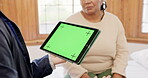 Tablet, green screen and discussion with woman, nurse and conversation on results or diagnosis. Medical professional, communication and tech for advice, product placement and mockup in nursing home