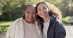 Women, happy and face in park for wellness, break in nature with bonding and calm fitness by outdoor. Senior woman, trainer and smile in portrait with hug, spring and sportswear in relax environment