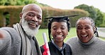 Woman, graduation selfie and happy with parents for memory, goals or celebration at campus. University student, senior mom and father with photography, black family or excited smile on social network