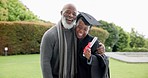 Woman, graduation and hug happy father for congratulations, smile or pride for learning achievement. Senior dad, girl and happy black family for success, diploma or certificate at university campus