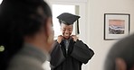 Graduation, family and happy or proud in home for achievement, success and education in living room. Graduate, black girl and parents with pride for diploma, study or learning in lounge of house 