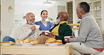 Caregiver, tea or senior friends in retirement, discussion or conversation to support or bond together. Elderly men, nurse or happy old people in home talking or speaking to relax for lunch or coffee