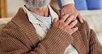 Elderly man, support or nurse holding hands for anxiety, mental health or empathy for healthcare. Closeup, consulting or senior patient in counselling with caregiver in nursing home for psychology