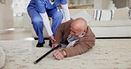 Old man, fall and nurse help on the floor in home, living room and elderly care in accident or emergency. Vertigo, senior person and caregiver helping to support, balance or injury walking on ground