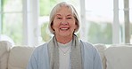 Face, smile and senior woman on sofa in home living room, lounge or apartment for retirement. Portrait, happy elderly person on couch and relax in house, health and wellness of pensioner in Australia