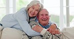 Love, smile and face of senior couple hugging on a sofa in living room for comfort and bonding together. Happy, romance and portrait of elderly man and woman in retirement embracing in lounge at home