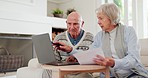 Talking, elderly couple with financial document and laptop for taxes, savings or investment. Computer, serious man and woman with budget, mortgage or asset management, bank loan and payment in home