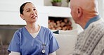 Home, doctor and senior man with conversation, feedback and results with appointment, smile and funny. Caregiver, elderly guy and patient with woman, discussion or laugh with checkup and consultation